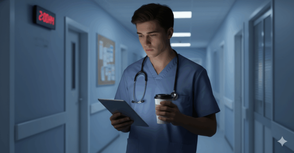 Un jeune médecin interne vérifie son bulletin de salaire sur une tablette, illustrant les grilles salariales et les primes du salaire d'interne en médecine.